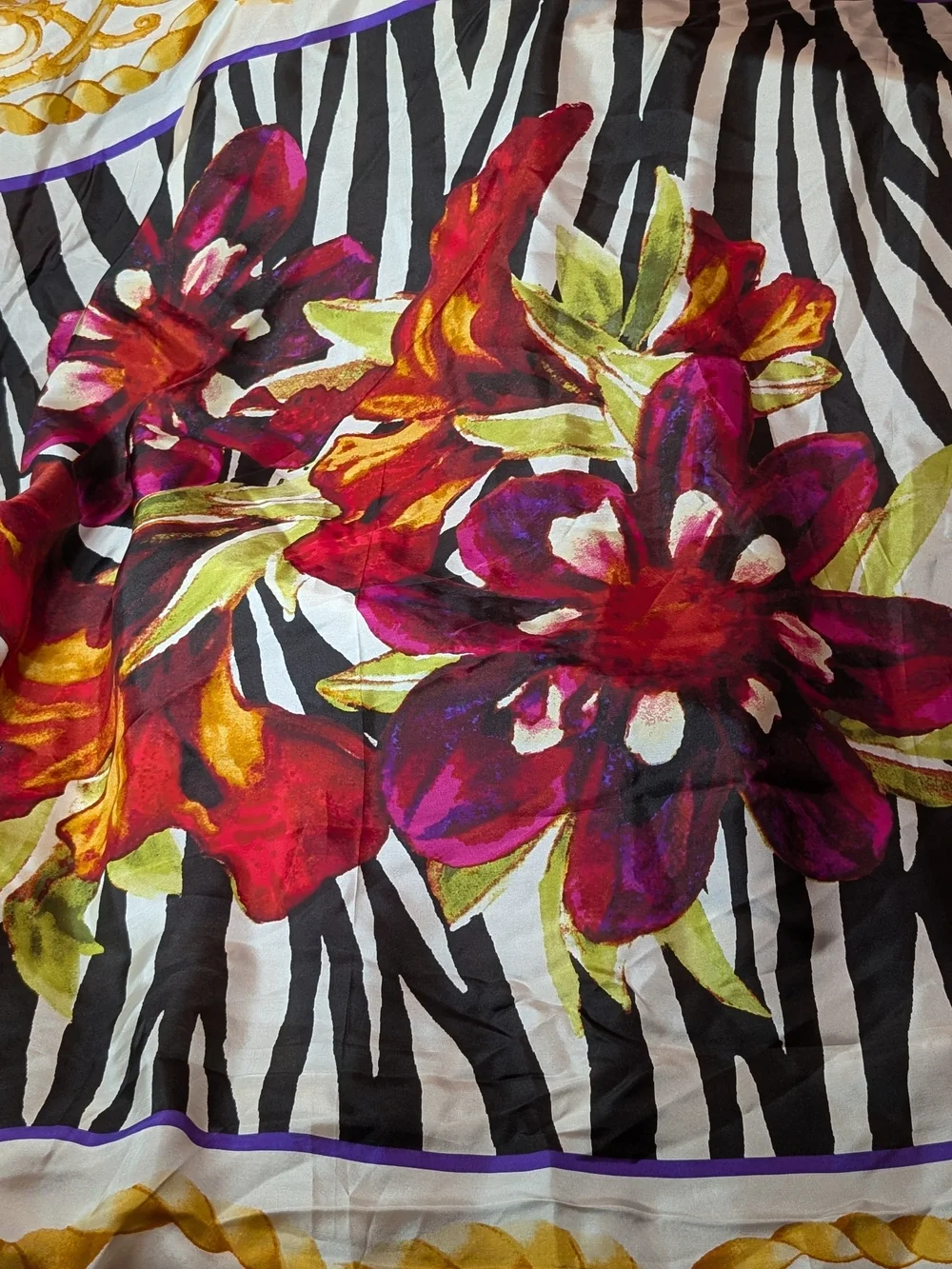 Chico's Floral & Zebra Border Scarf in Black, White, Red, Purple, Green